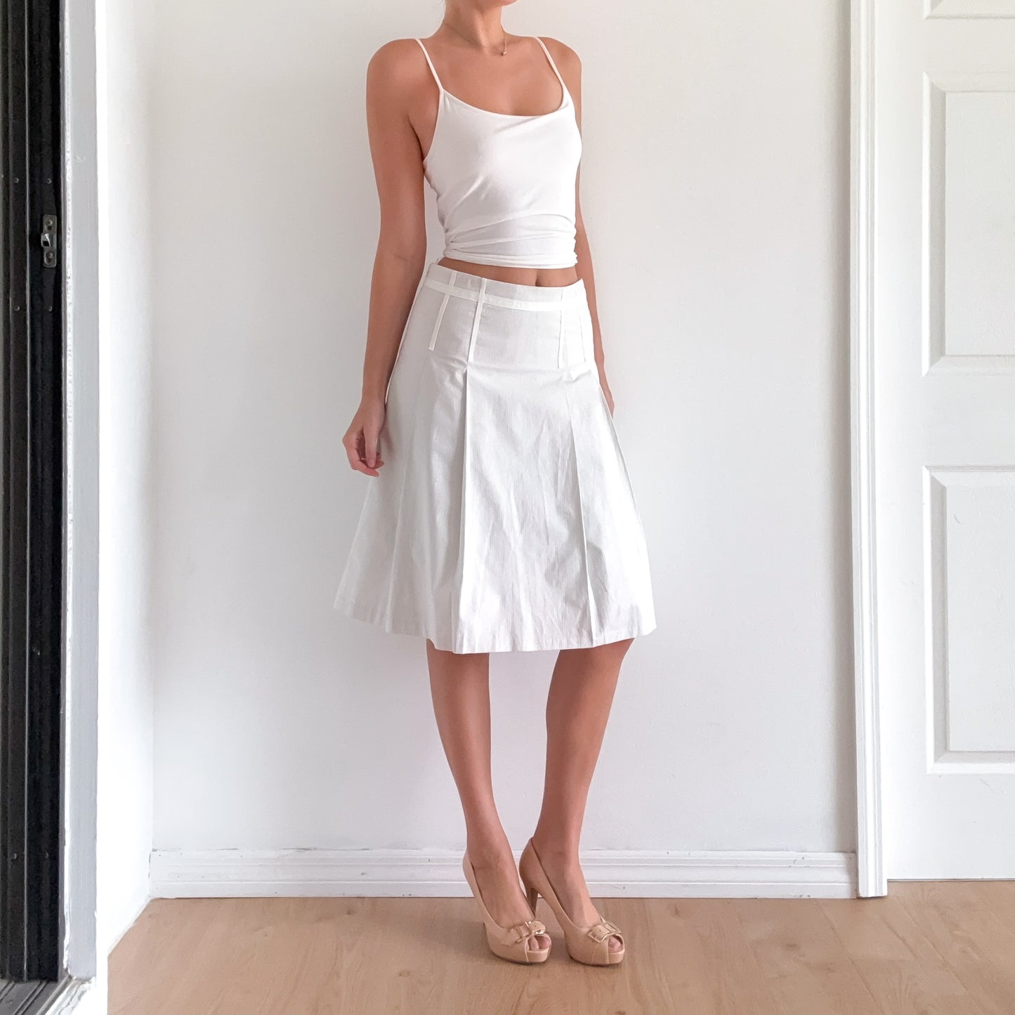 Y2K White Cotton Pinstripe Pleated Midi Skirt / SZ 2-6