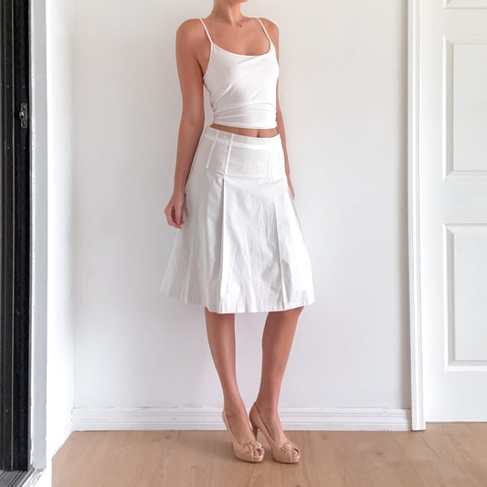 Y2K White Cotton Pinstripe Pleated Midi Skirt / SZ 2-6
