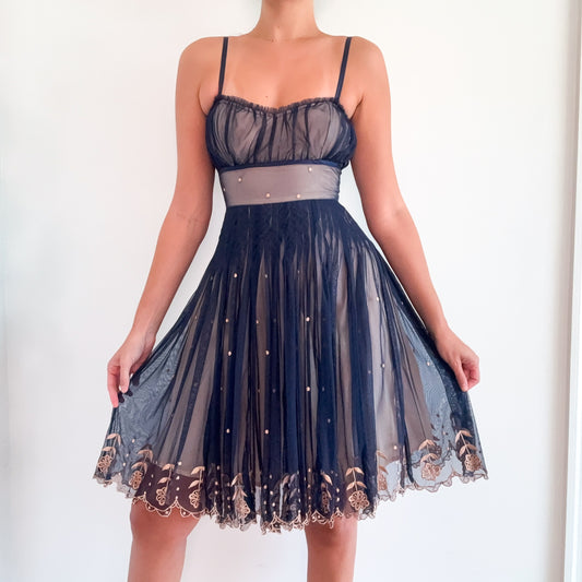 Y2K Navy & Nude Tulle Embroidered Dress / SZ 0/2