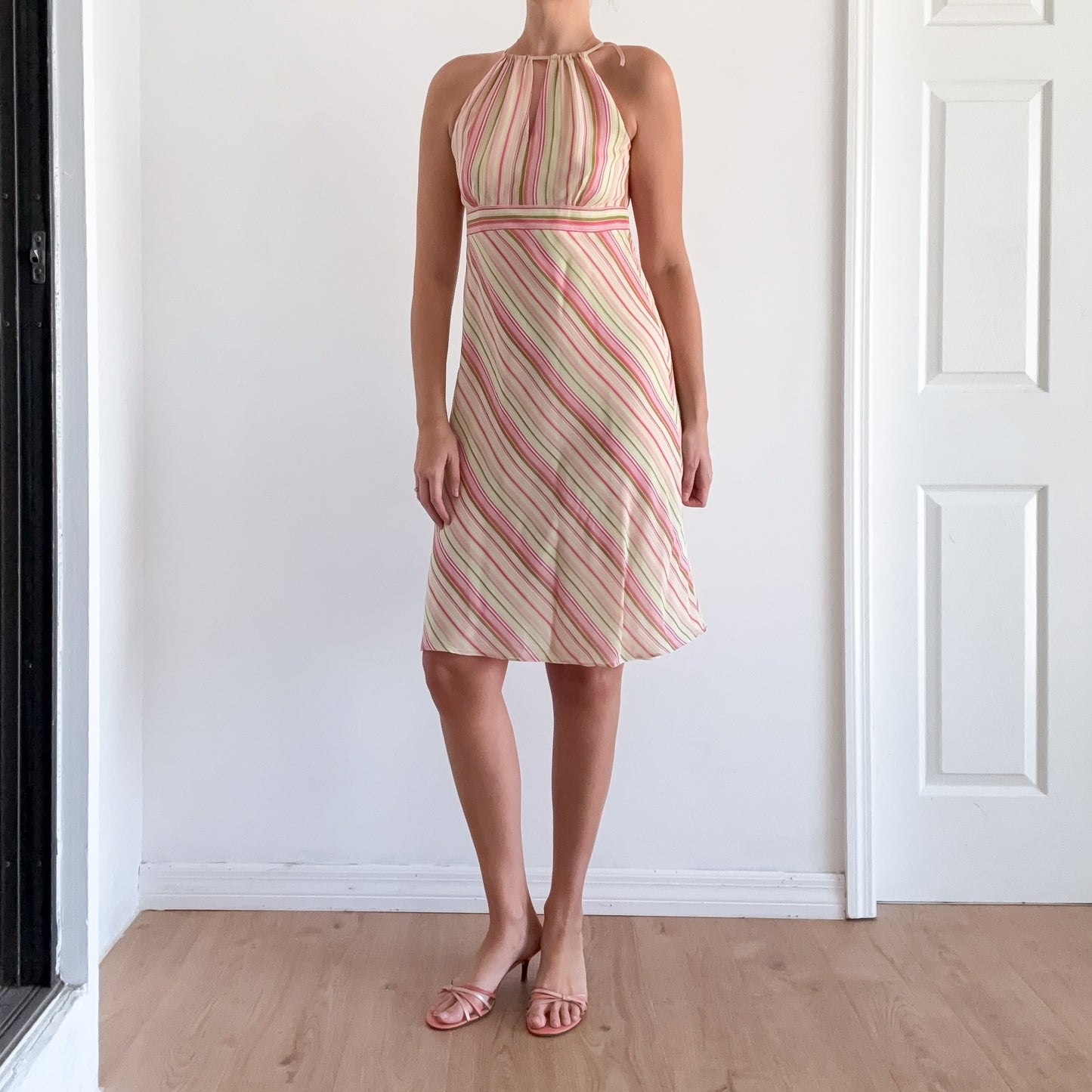 Y2K Pink & Green Striped Midi Dress / SZ 4