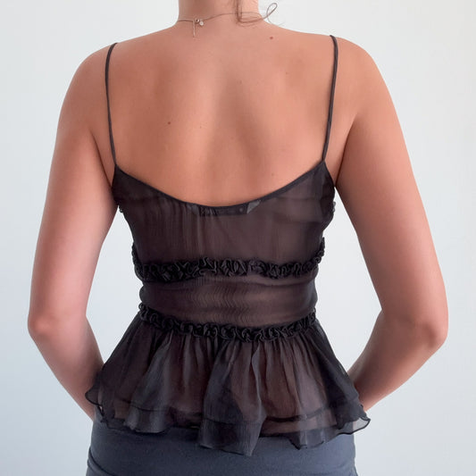 Contemporary Black Sheer Ruffle Tie Top / SZ S