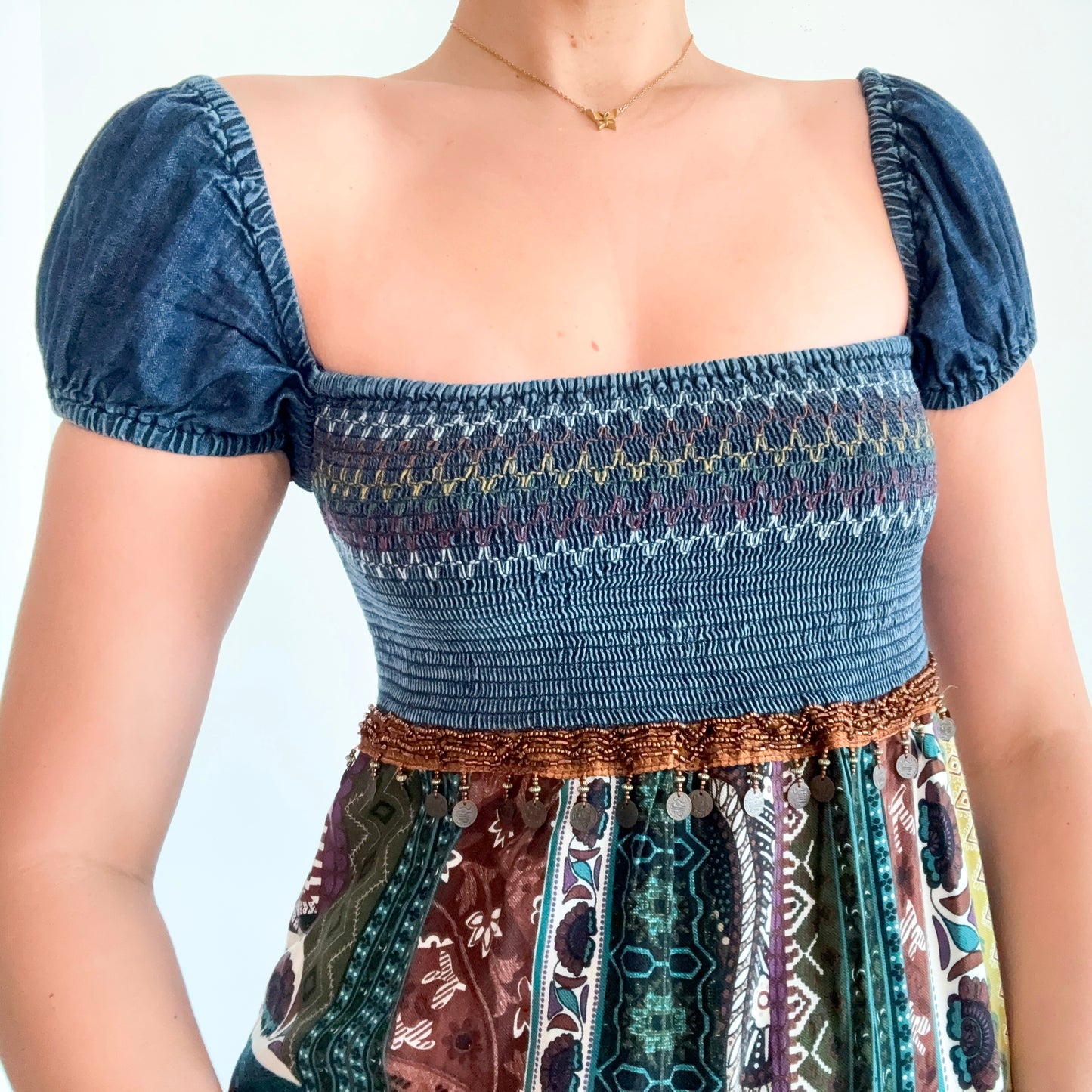 Y2K Dark Denim Printed Gypsy Mini Dress / SZ S