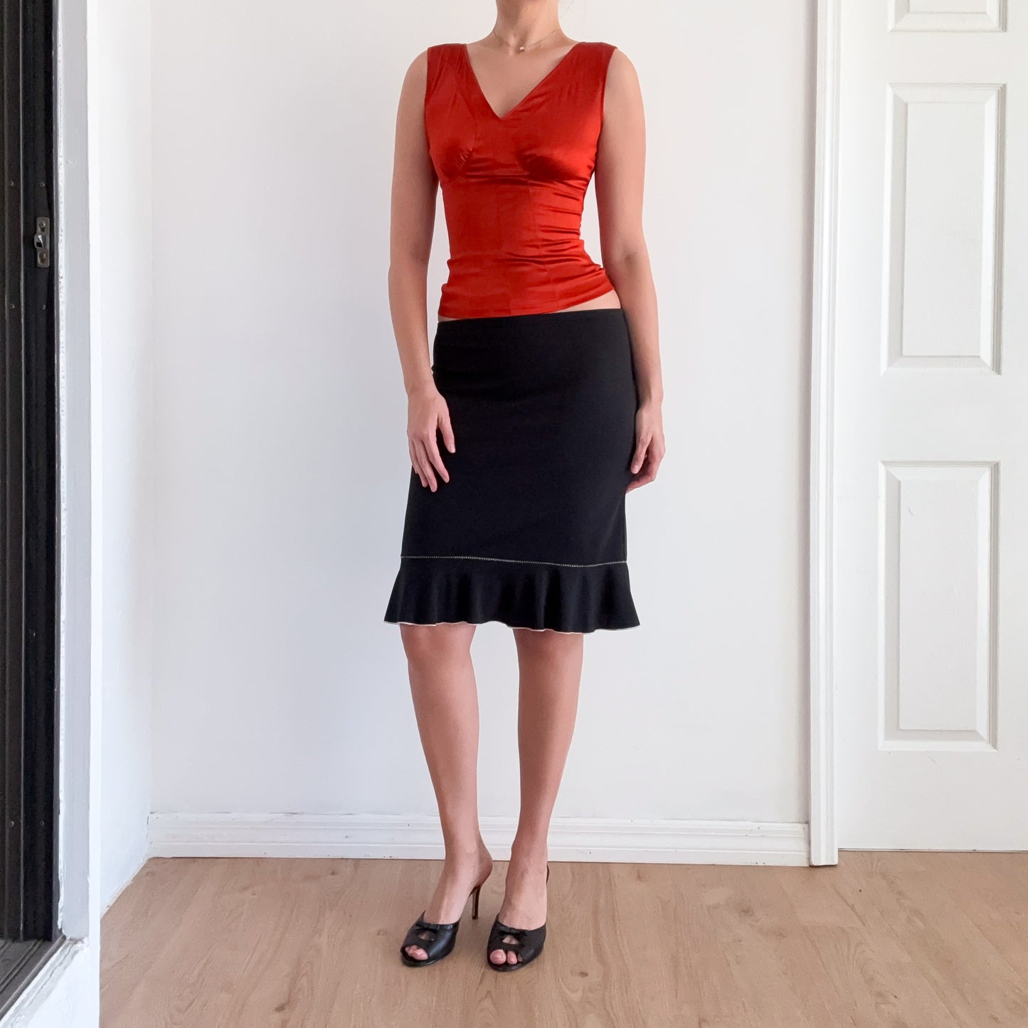 Y2K Black Contrast Trim Midi Skirt / SZ S-M