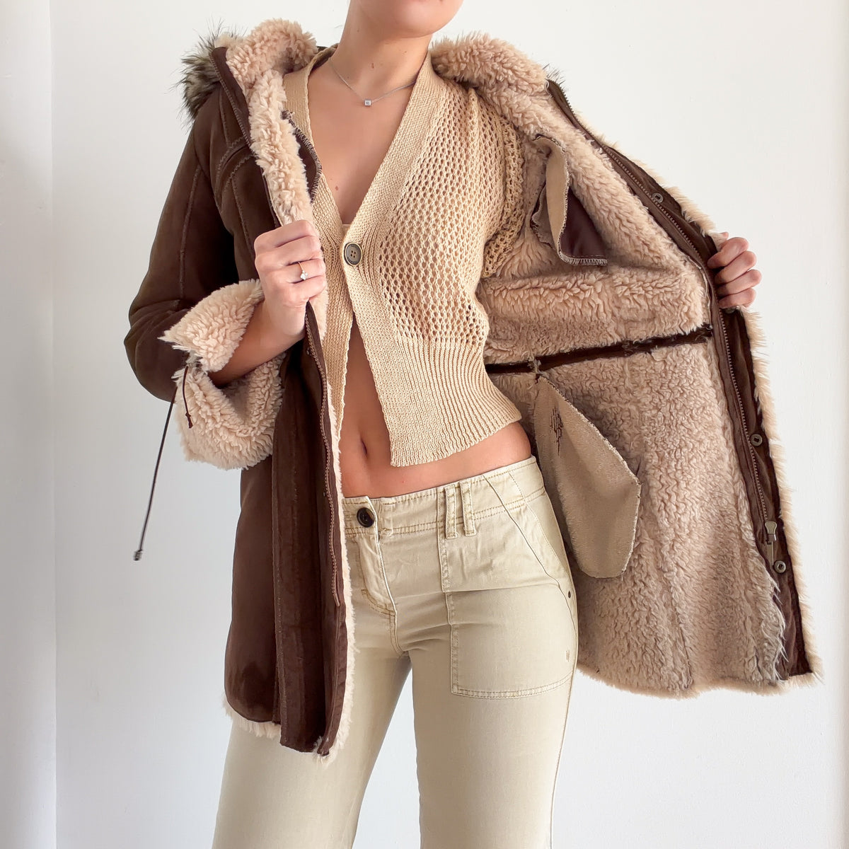 Y2K Esprit Brown Furry Hooded Coat / SZ S