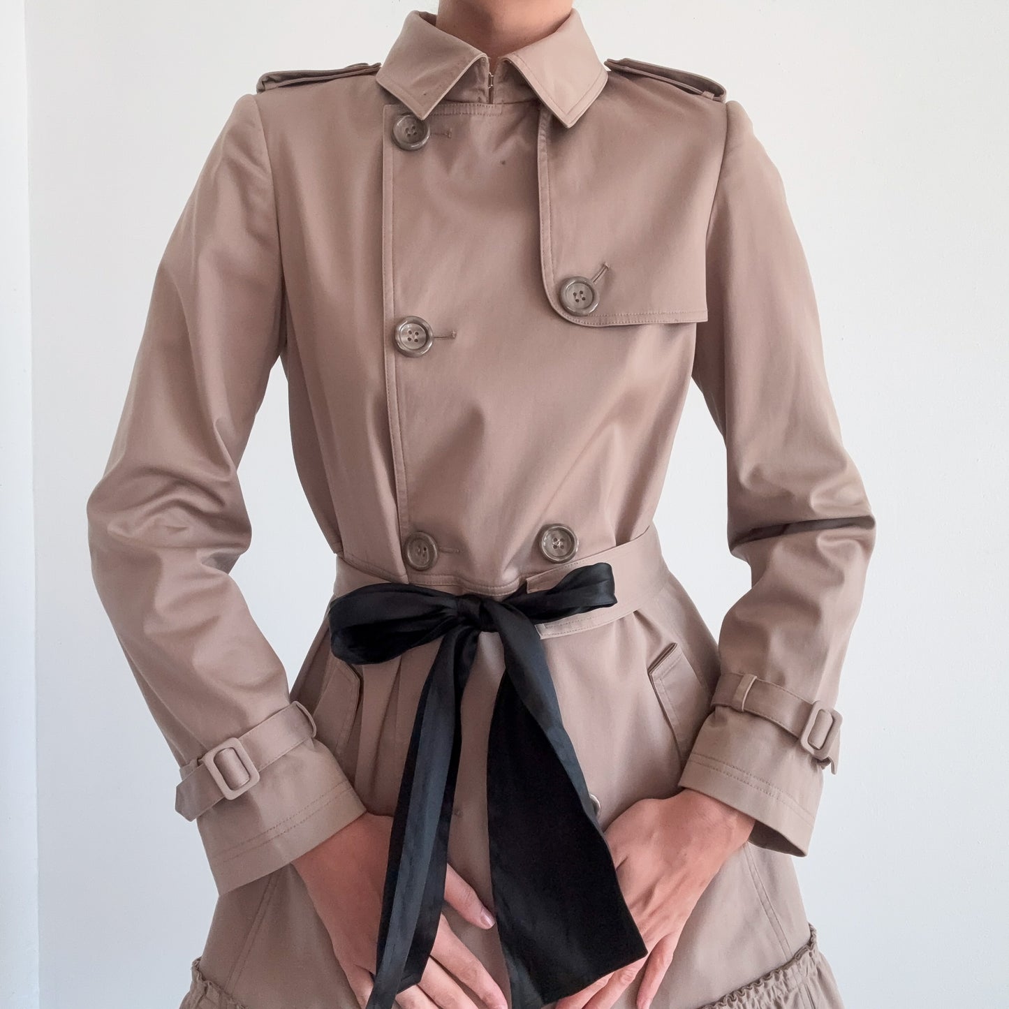 Y2K Taupe Ruffle Tie Trench Coat / SZ 4