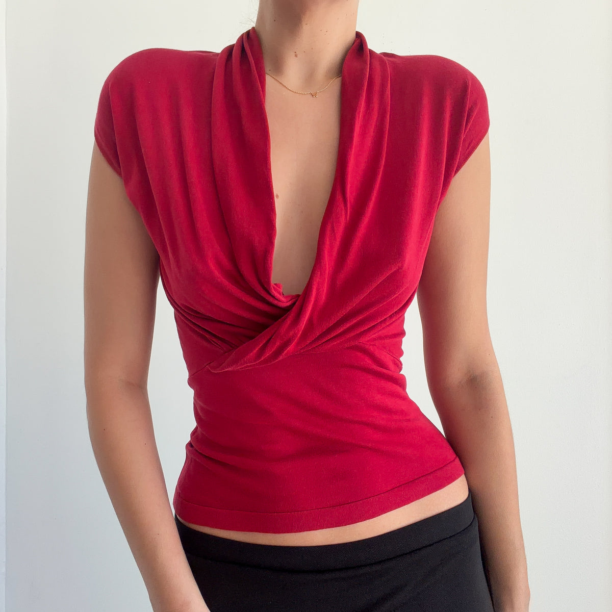 Y2K Red Silk Knit Plunging Top / SZ M