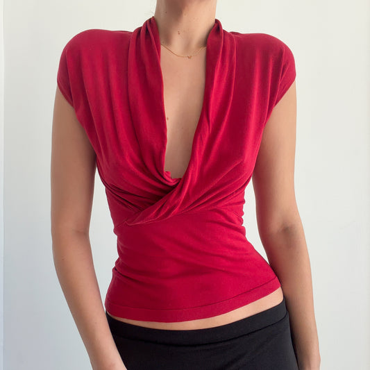 Y2K Red Silk Knit Plunging Top / SZ M
