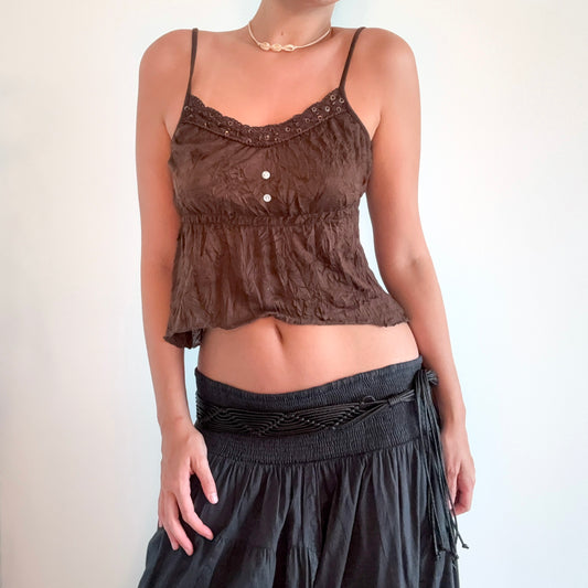 Y2K Brown Crinkle Crochet Cropped Tank / SZ M