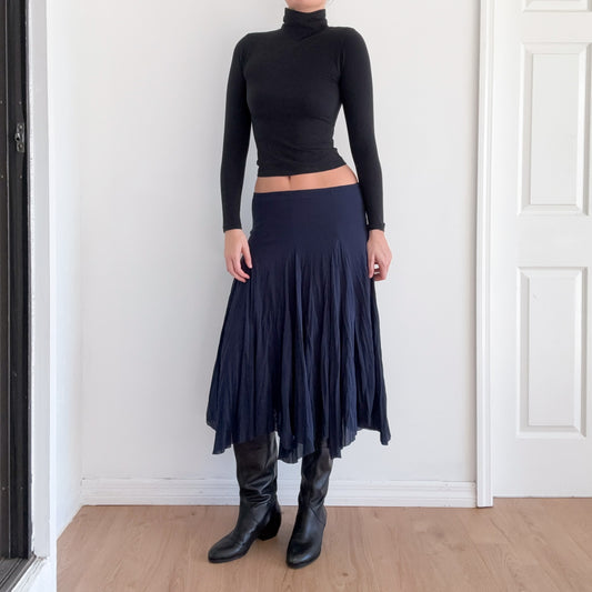 Y2K Navy Mesh Crinkle Pleat Midi Skirt / SZ M