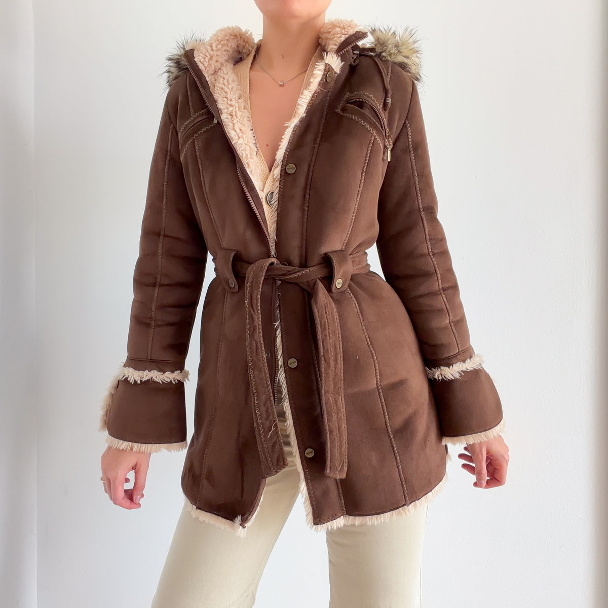 Y2K Esprit Brown Furry Hooded Coat / SZ S