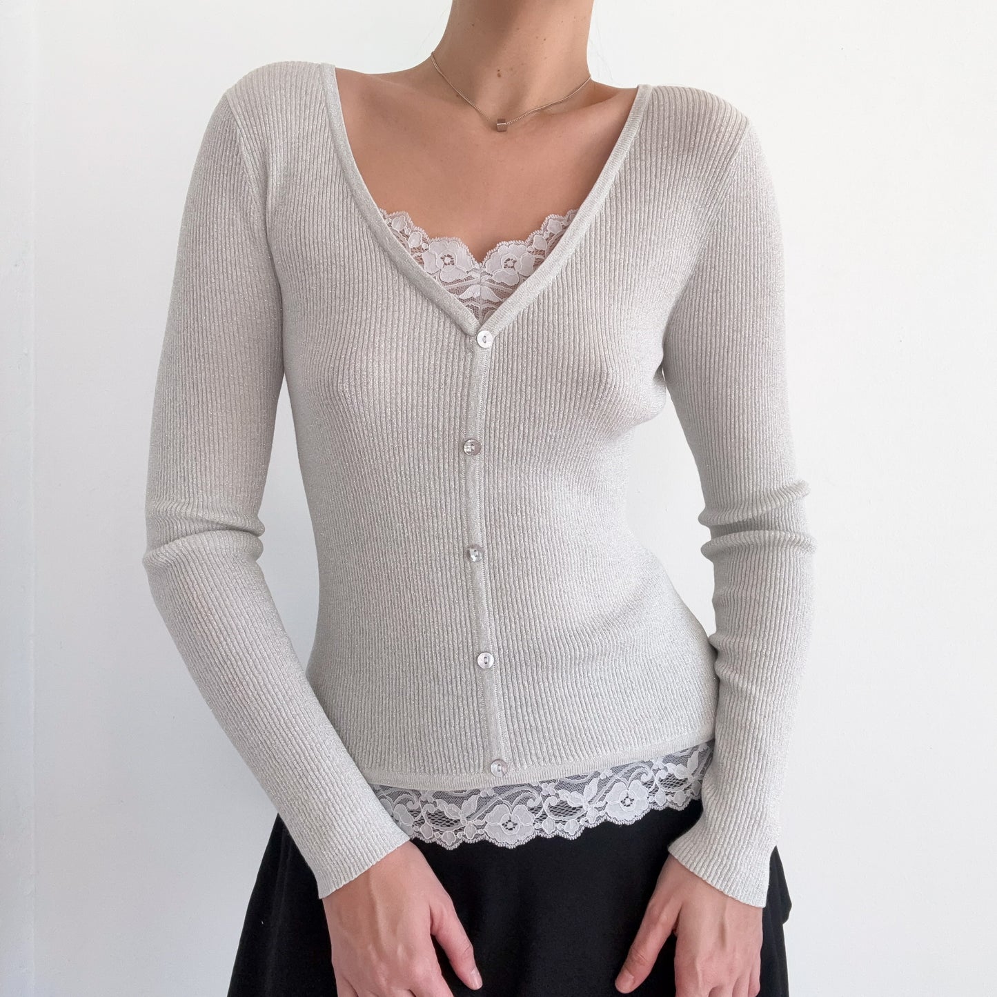 Y2K Light Silver Sparkle Knit Layered Top / SZ M