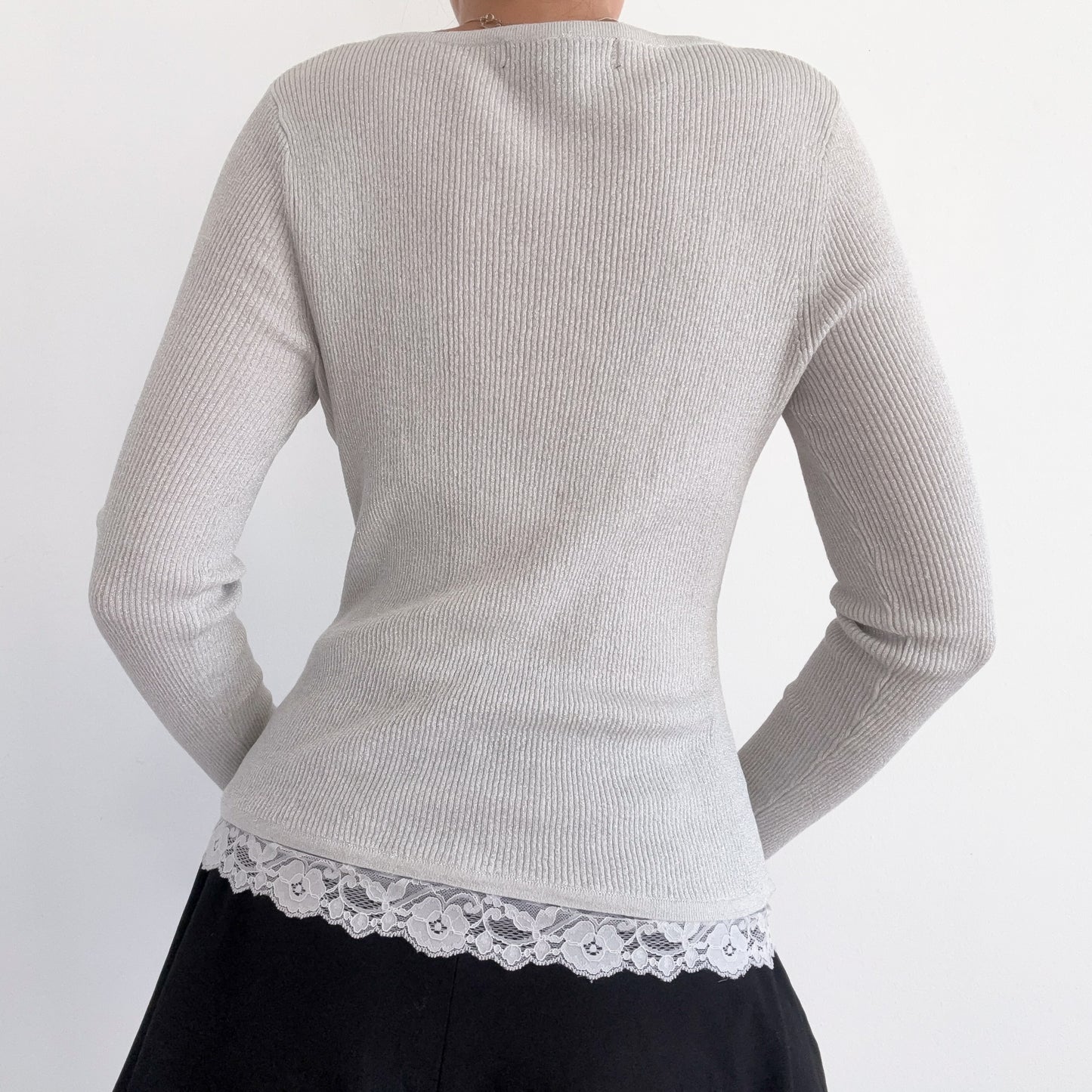 Y2K Light Silver Sparkle Knit Layered Top / SZ M