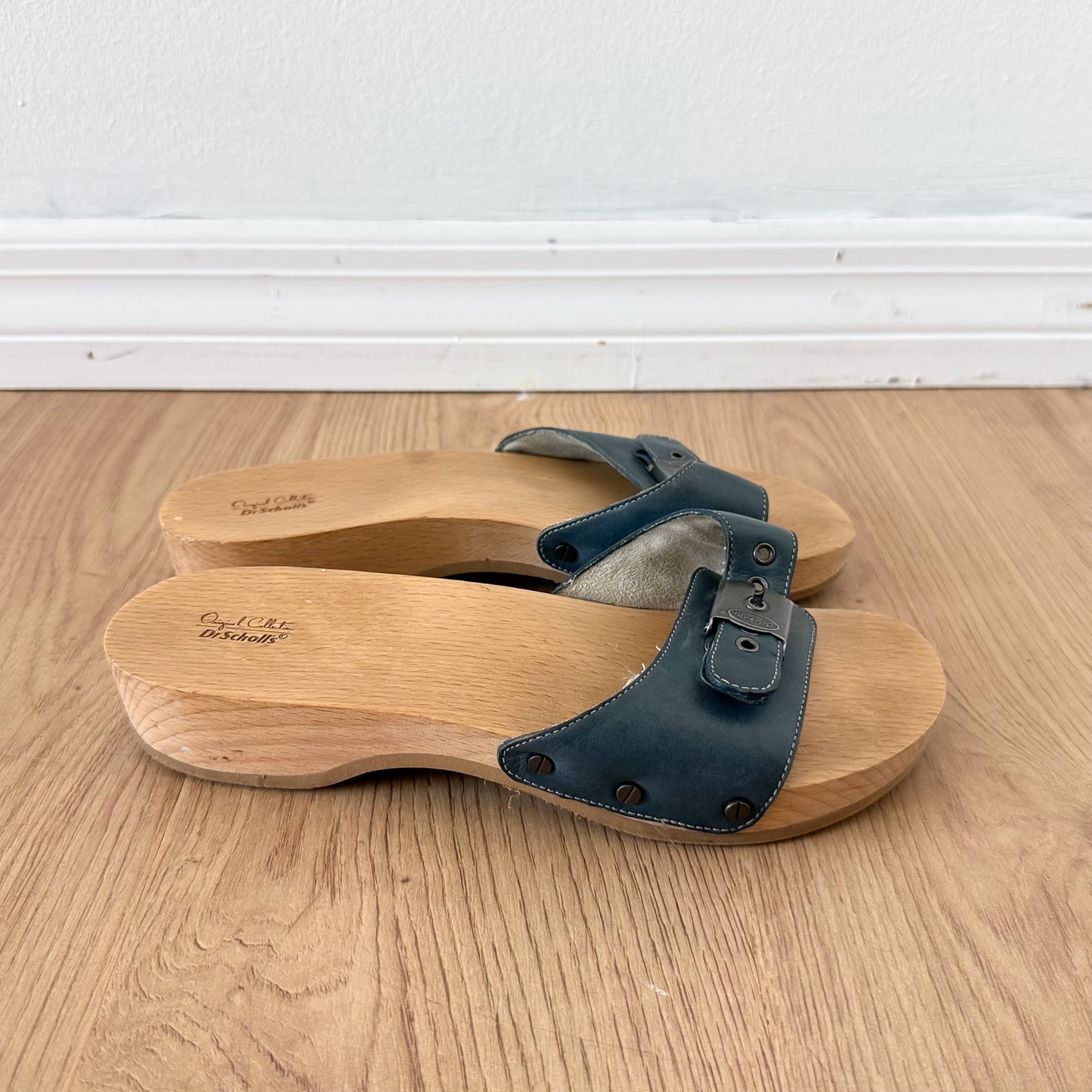 Y2K Dr. Scholl's Slate Blue Wooden Sandals / SZ 8