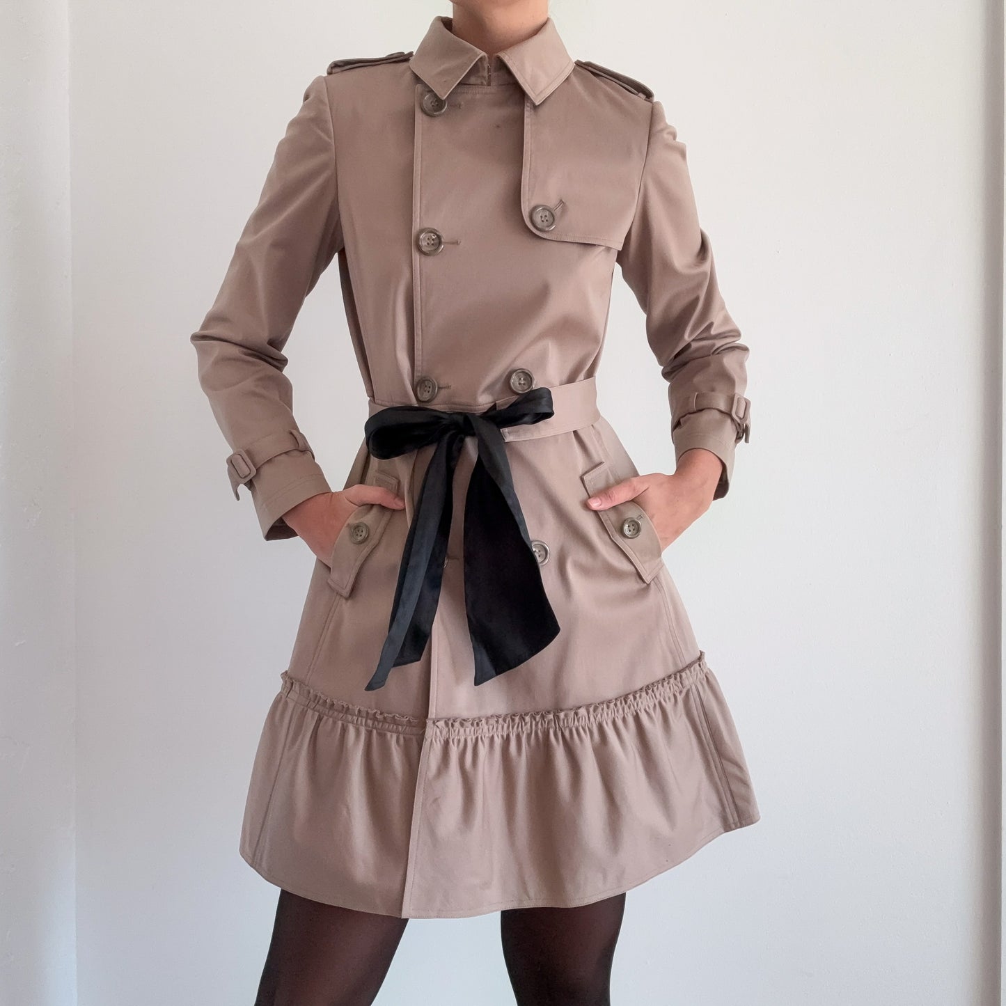 Y2K Taupe Ruffle Tie Trench Coat / SZ 4