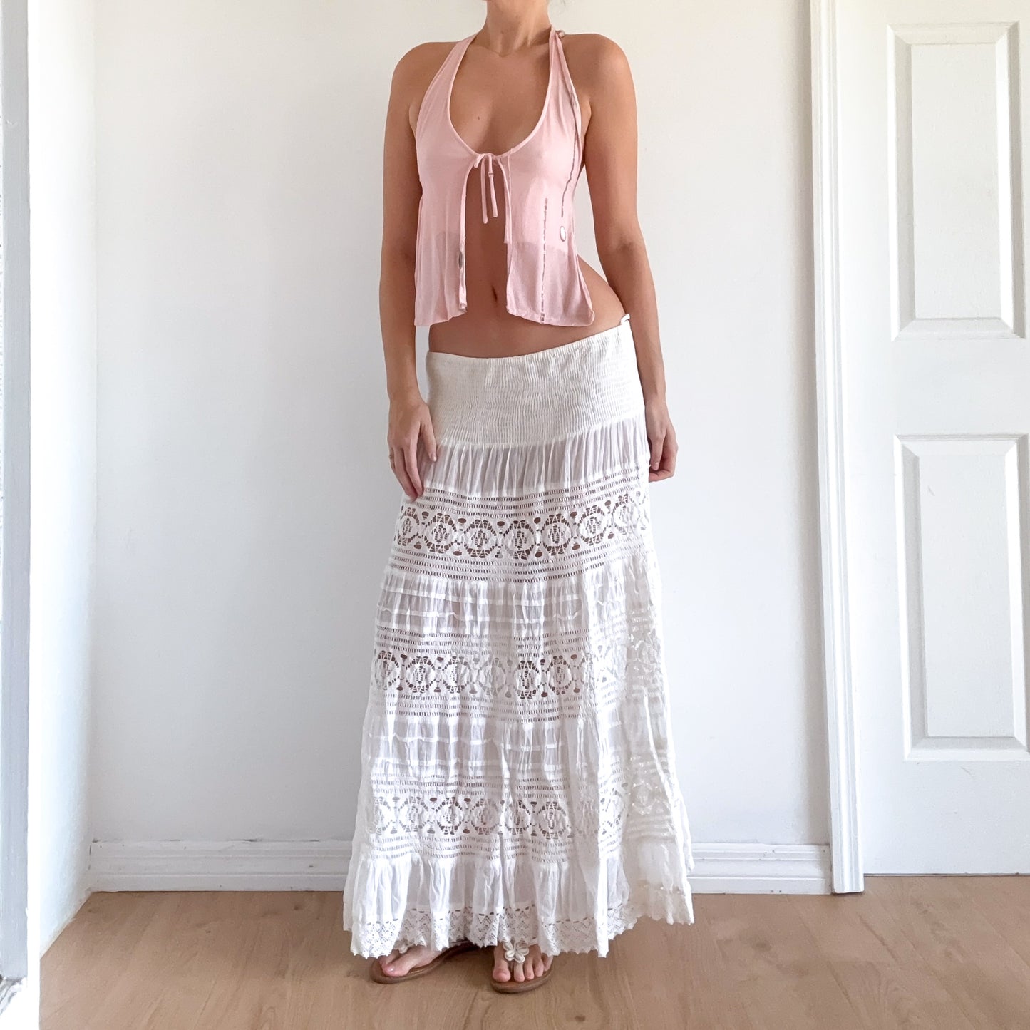 Y2K White Cotton Crochet Maxi Skirt / SZ L-XL