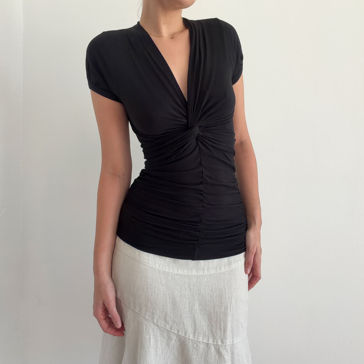 Y2K Black Rayon Twist Short Sleeve Top / SZ S