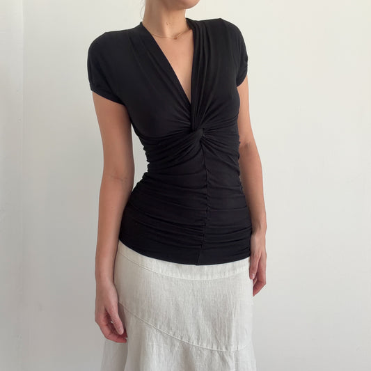 Y2K Black Rayon Twist Short Sleeve Top / SZ S