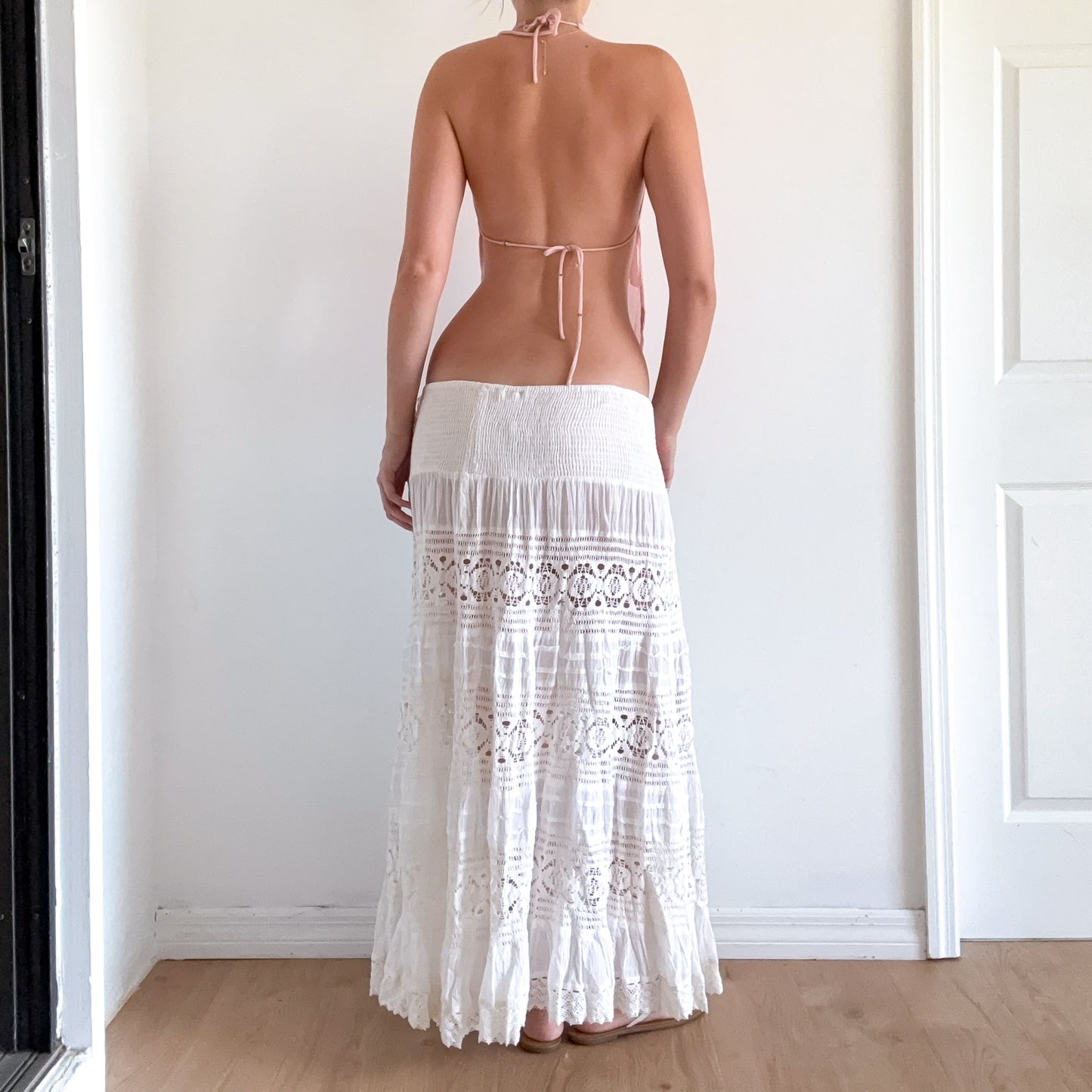 Y2K White Cotton Crochet Maxi Skirt / SZ L-XL