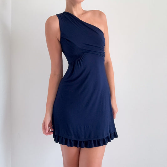 Y2K Navy Viscose One Shoulder Dress / SZ M