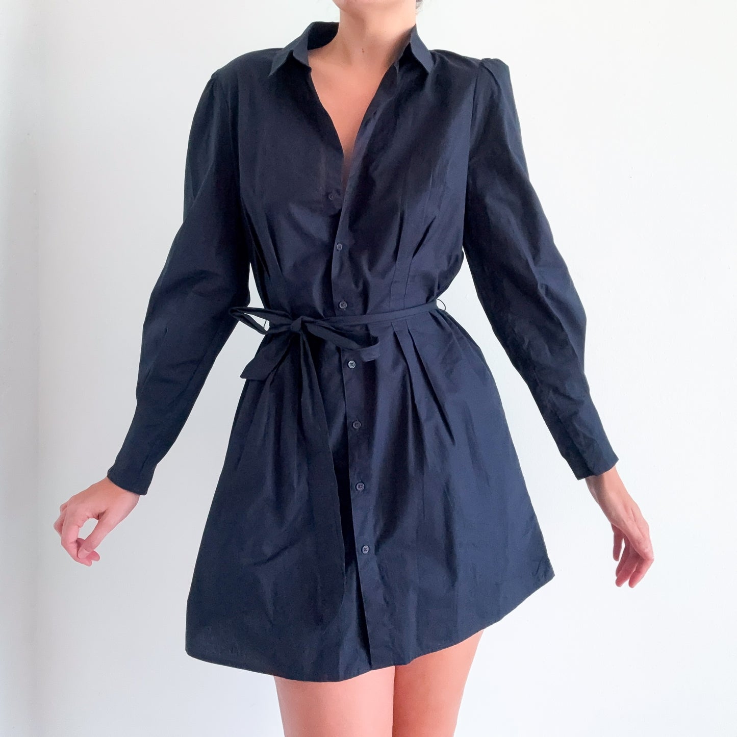 French Connection Navy Cotton Pleated Button Dress / SZ M