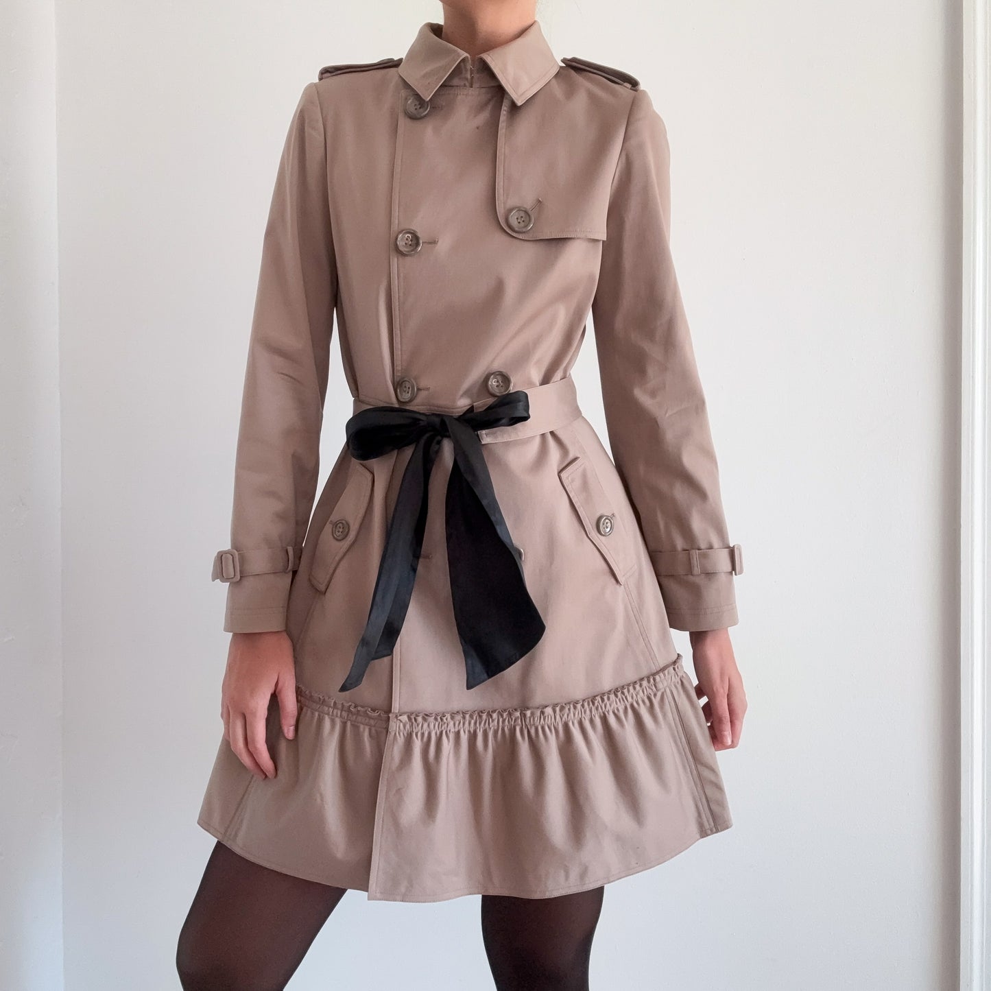 Y2K Taupe Ruffle Tie Trench Coat / SZ 4