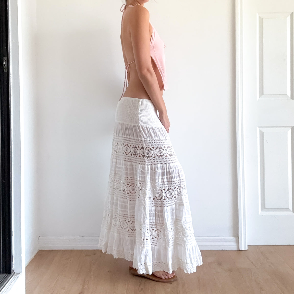 Y2K White Cotton Crochet Maxi Skirt / SZ L-XL