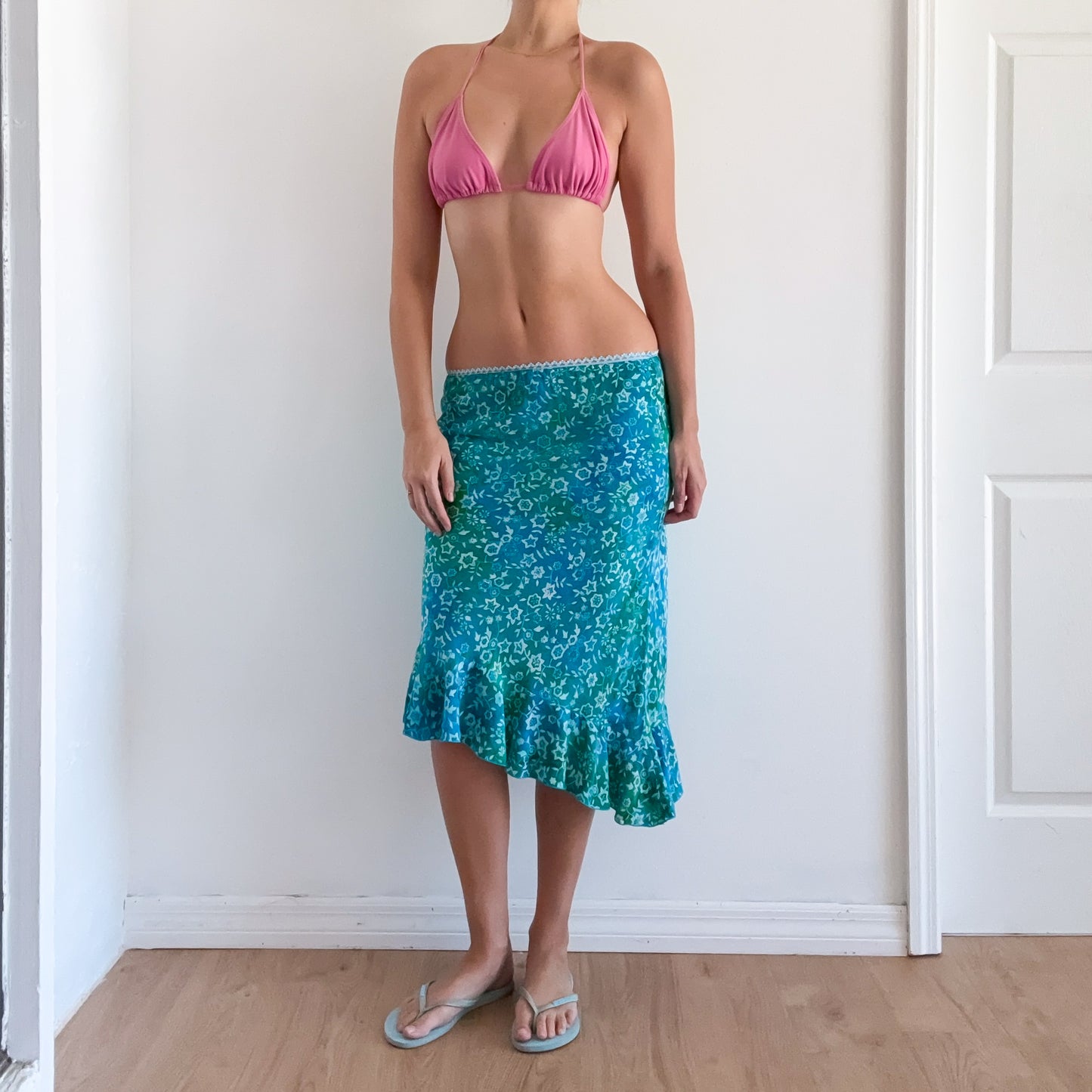 Y2K Cyan & Green Floral Midi Skirt / SZ S/M