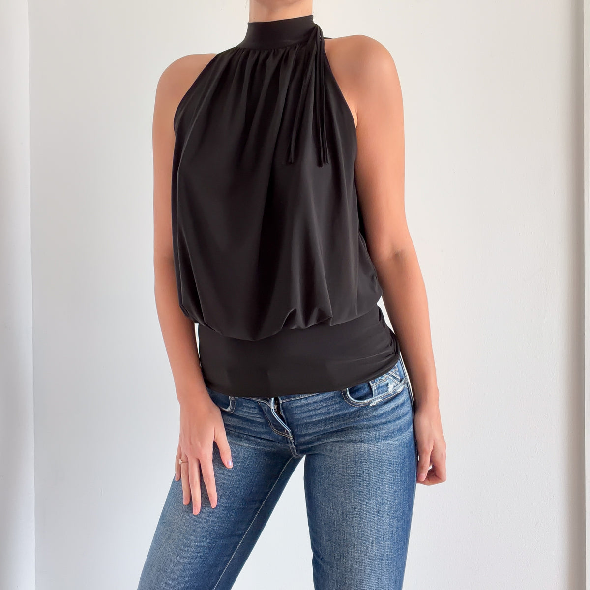 Y2K Black High Neck Fringe Bubble Top / SZ S