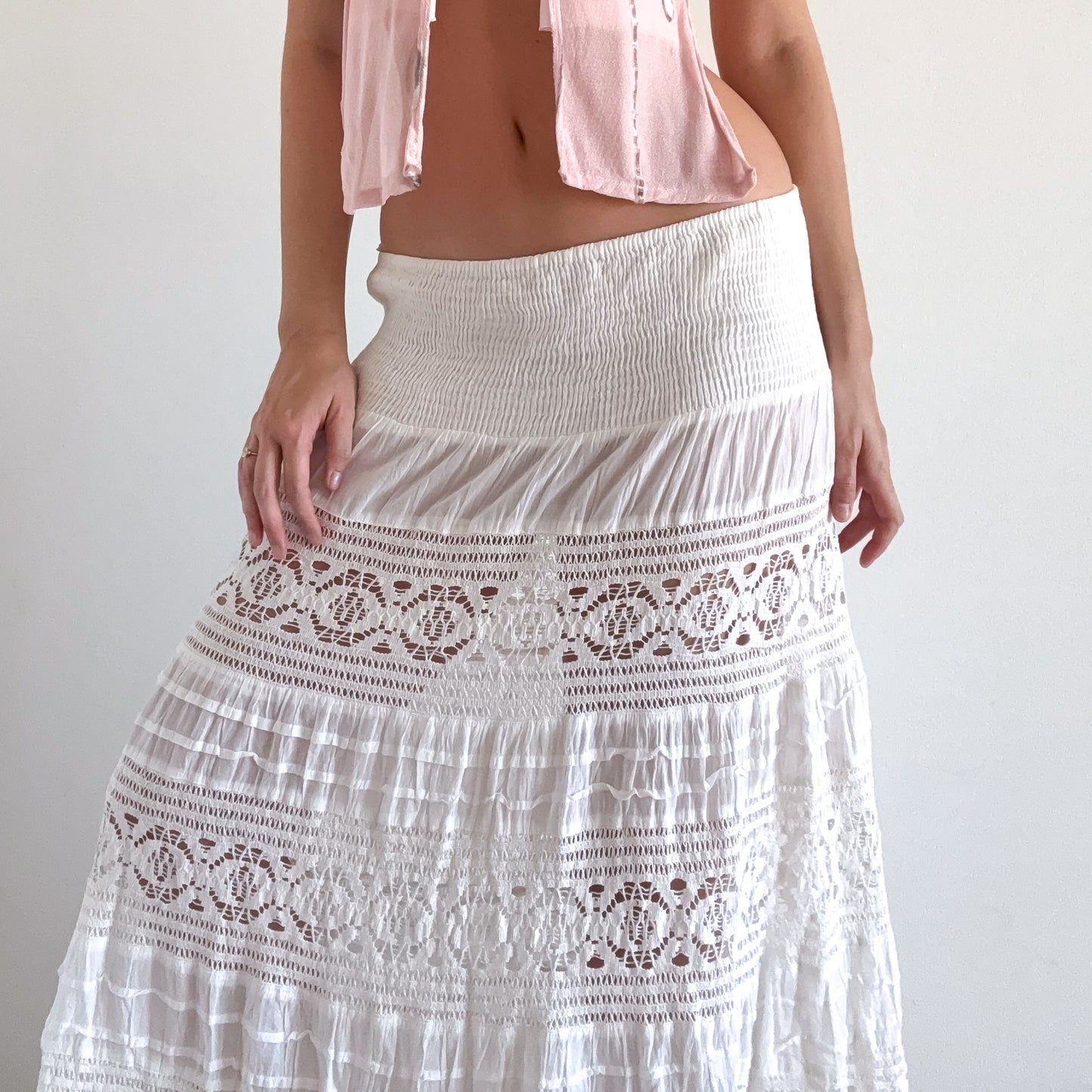 Y2K White Cotton Crochet Maxi Skirt / SZ L-XL