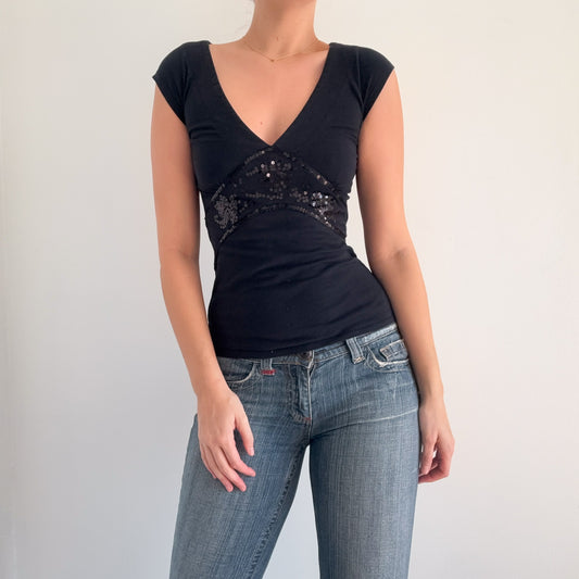 Y2K Black Cotton Sequin Tee / SZ XS/S