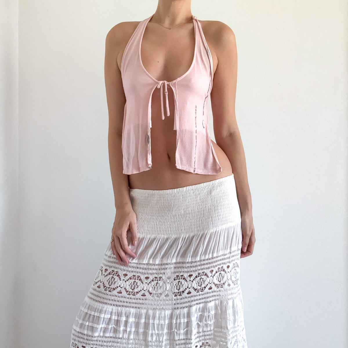 Y2K Baby Pink Mesh Backless Halter Top / SZ XS-M