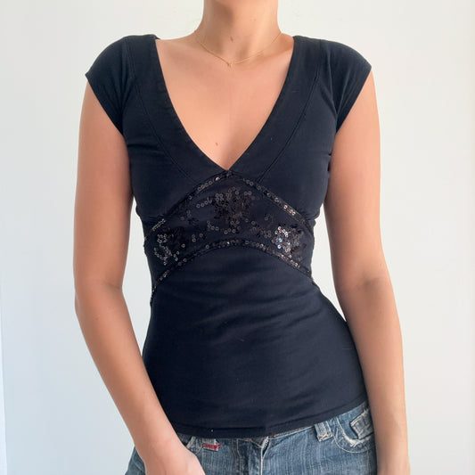Y2K Black Cotton Sequin Tee / SZ XS/S