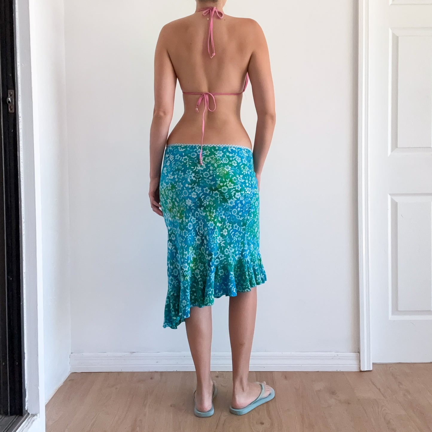Y2K Cyan & Green Floral Midi Skirt / SZ S/M