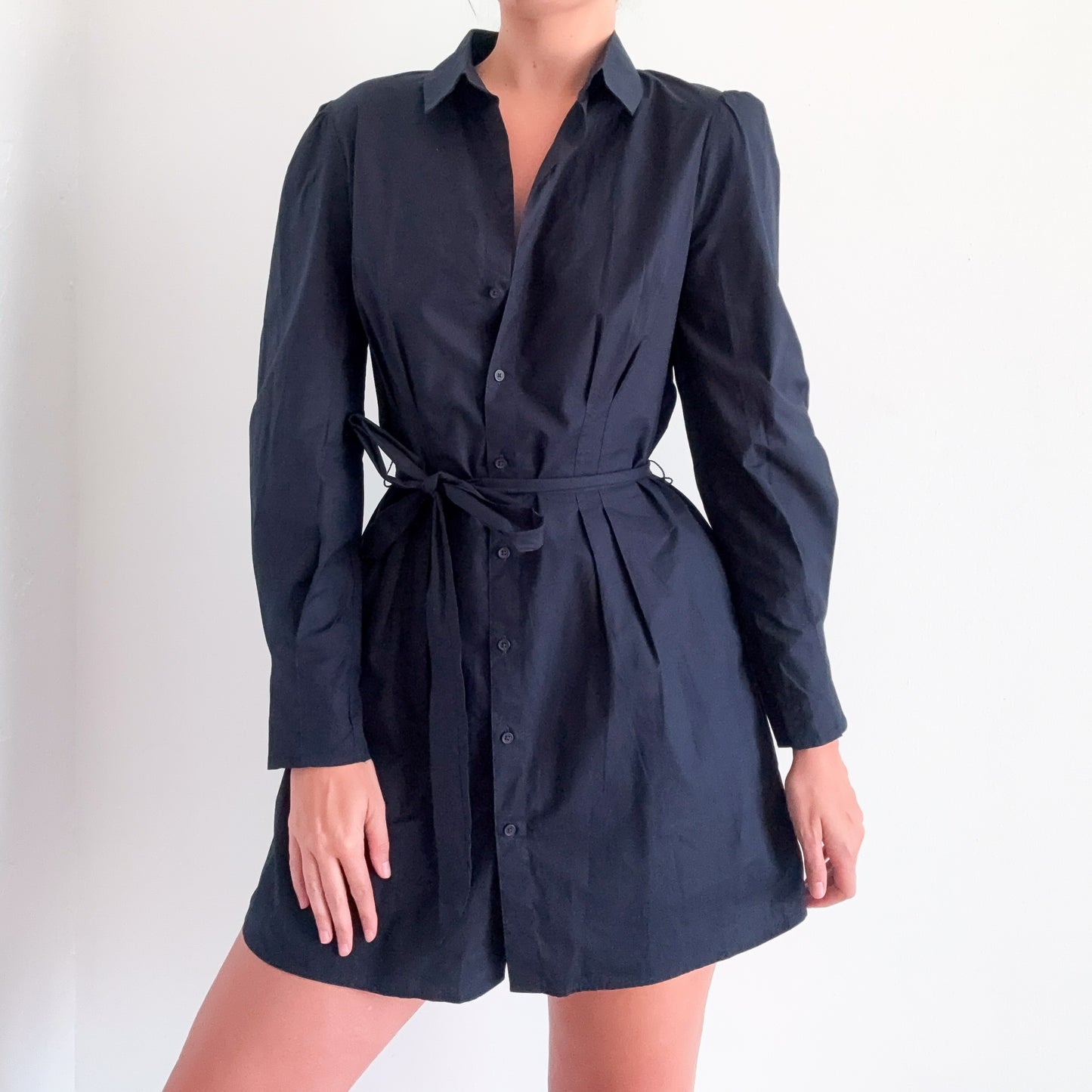 French Connection Navy Cotton Pleated Button Dress / SZ M