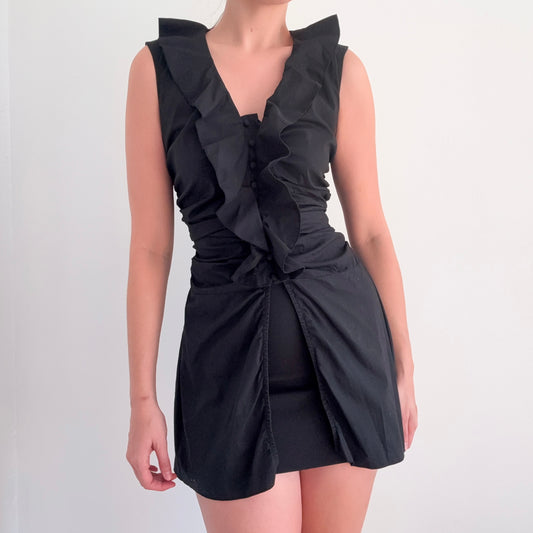 Y2K Black Cotton Ruffle Open Mini Dress / SZ M