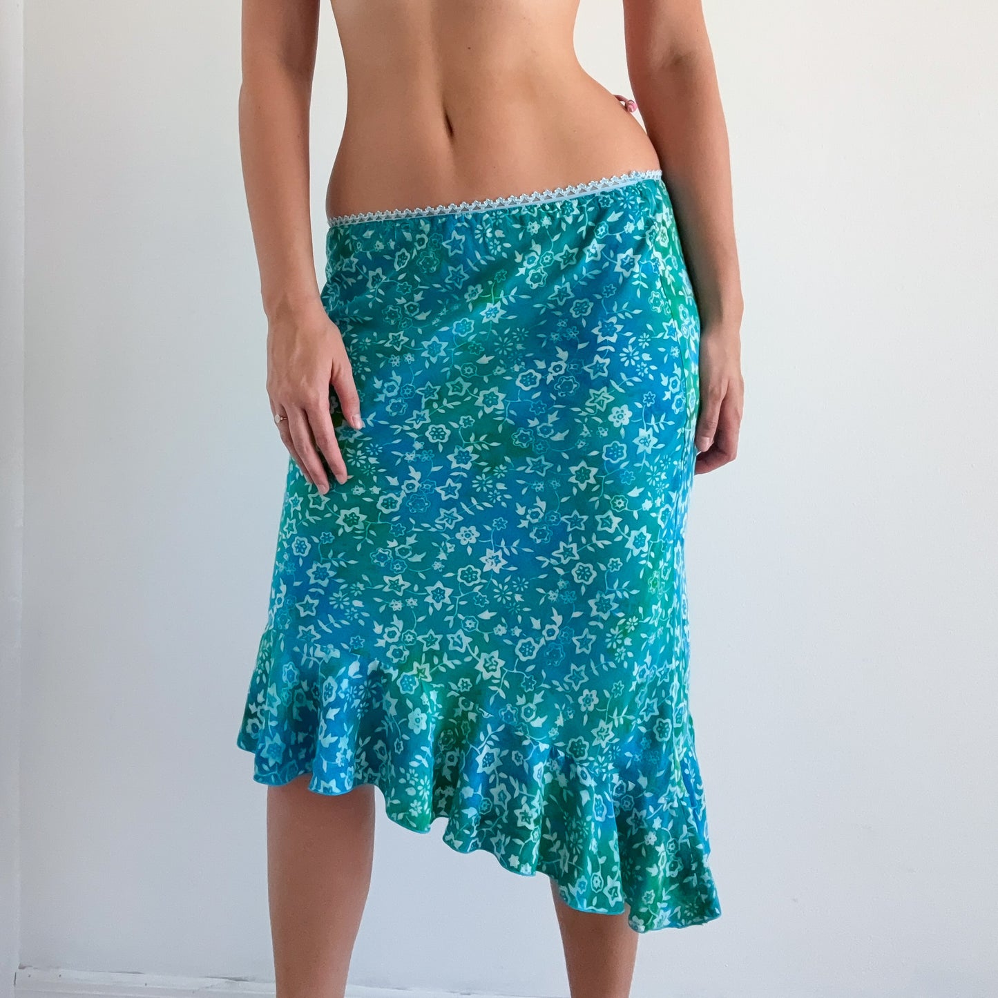 Y2K Cyan & Green Floral Midi Skirt / SZ S/M