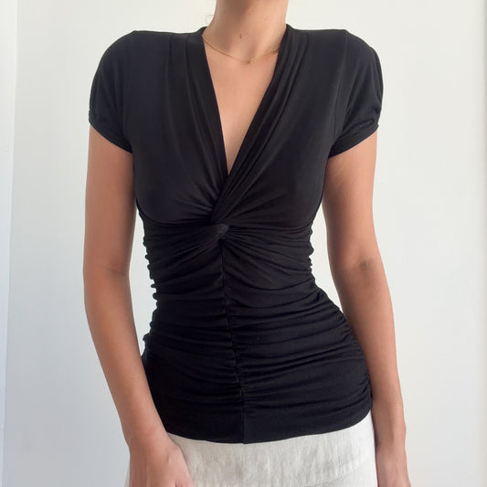Y2K Black Rayon Twist Short Sleeve Top / SZ S