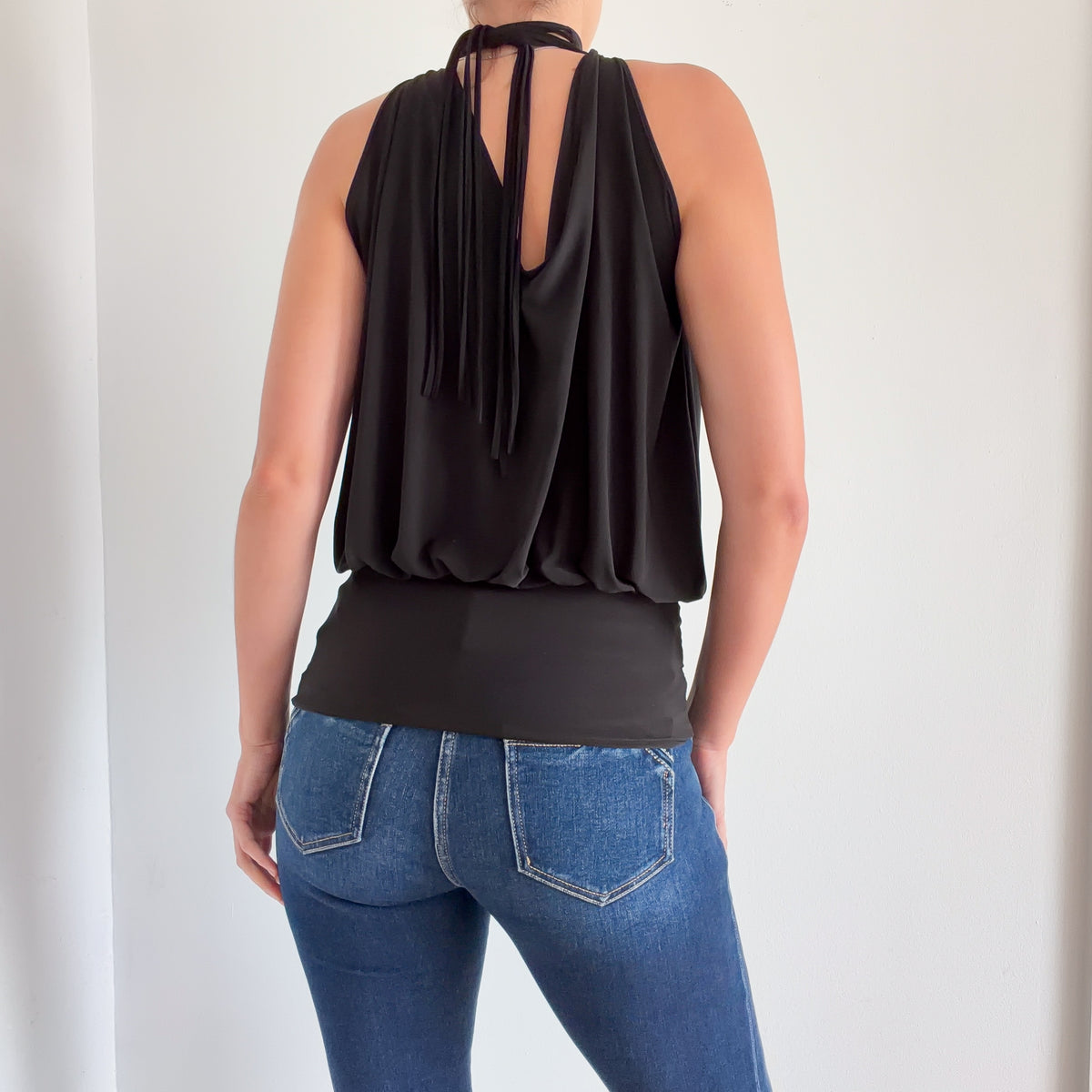 Y2K Black High Neck Fringe Bubble Top / SZ S