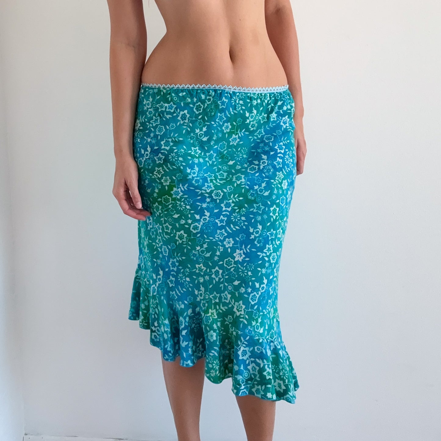 Y2K Cyan & Green Floral Midi Skirt / SZ S/M