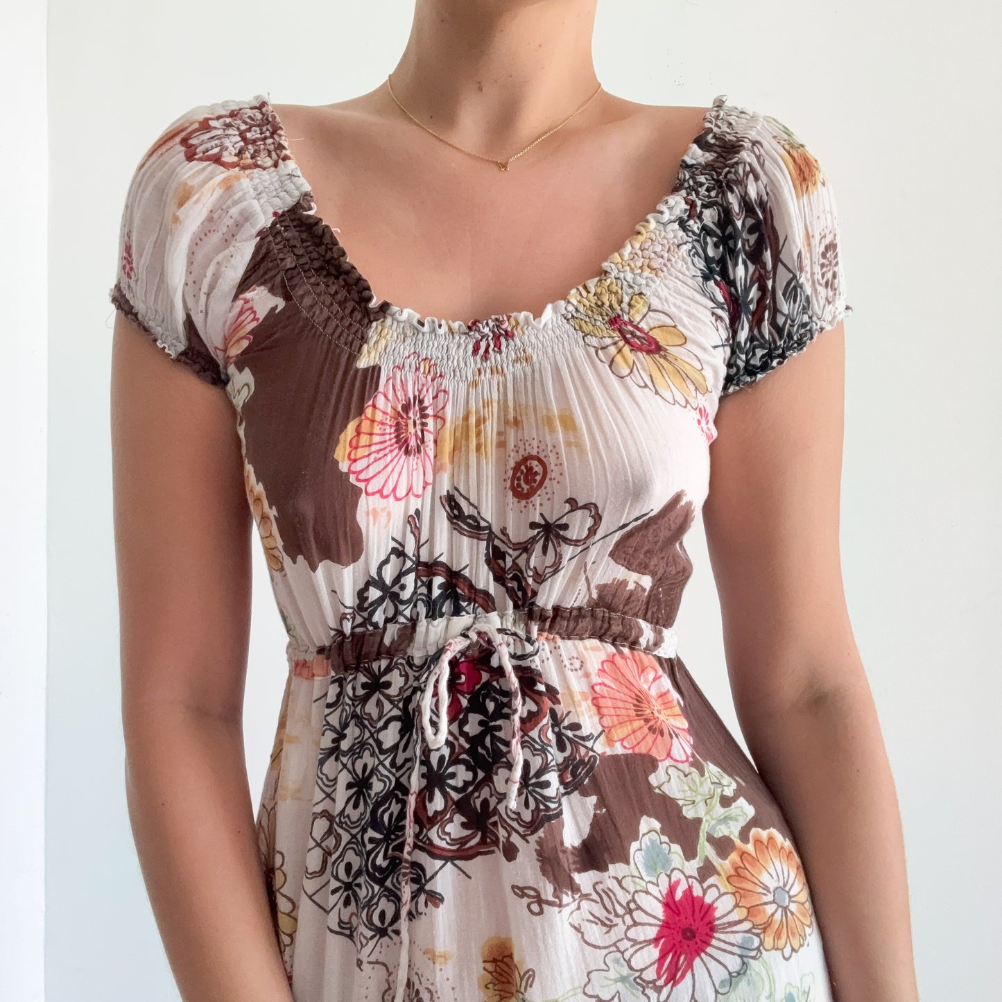 Y2K White & Brown Floral Cotton Mini Dress / SZ XS-S