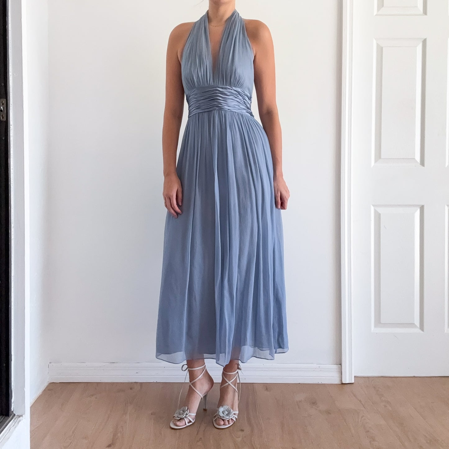 Y2K Powder Blue Silk Halter Maxi Dress / SZ 6/8