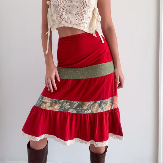 70's Burnt Orange Patchwork Midi Skirt / SZ XS-S