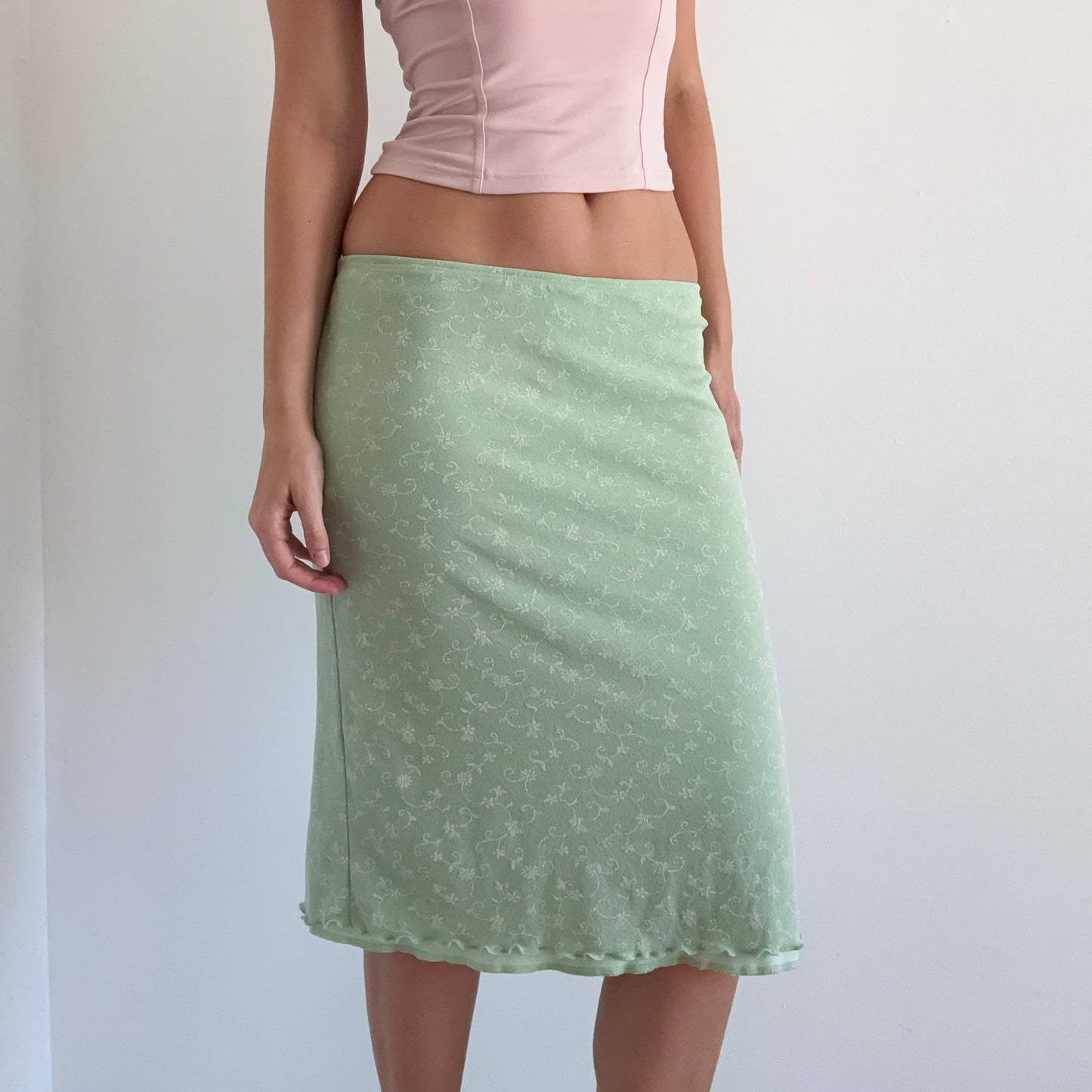 Y2K Sage Green Printed Midi Skirt / SZ S/M