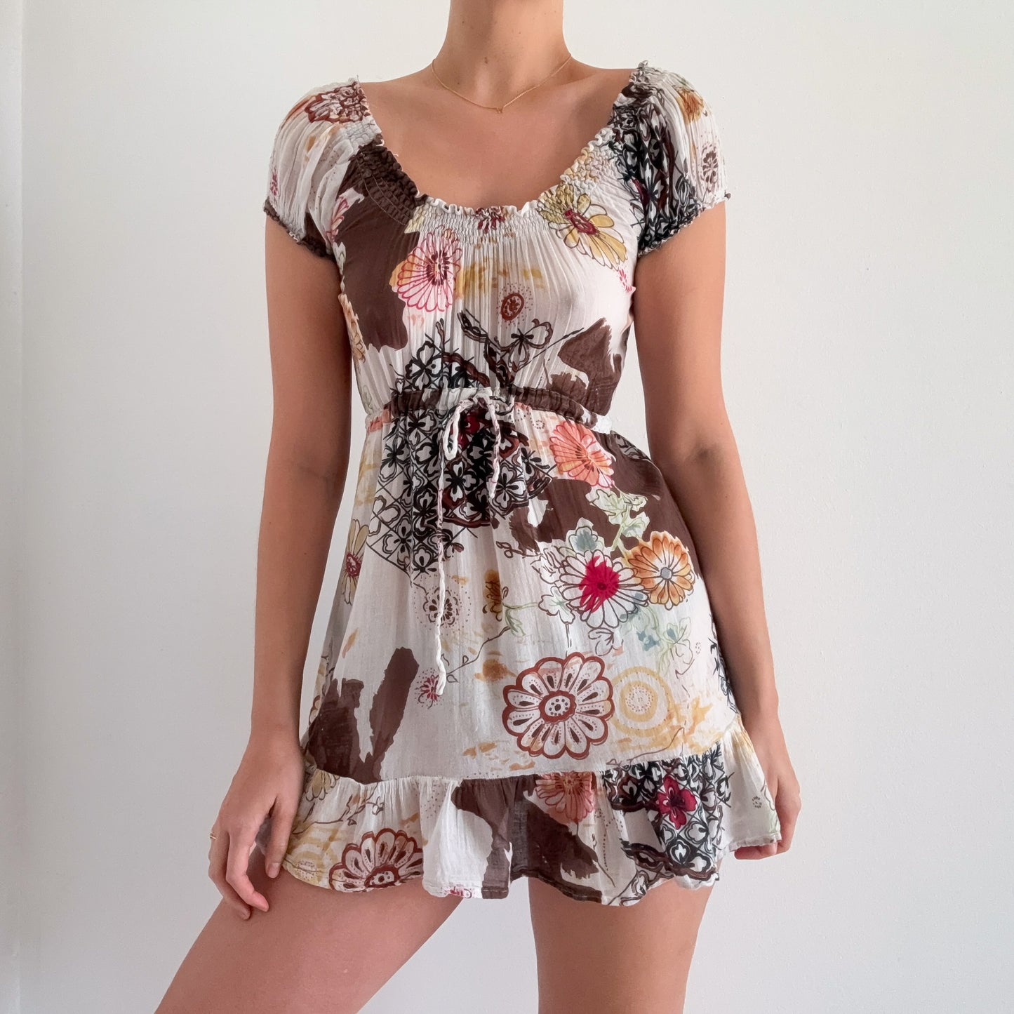 Y2K White & Brown Floral Cotton Mini Dress / SZ XS-S