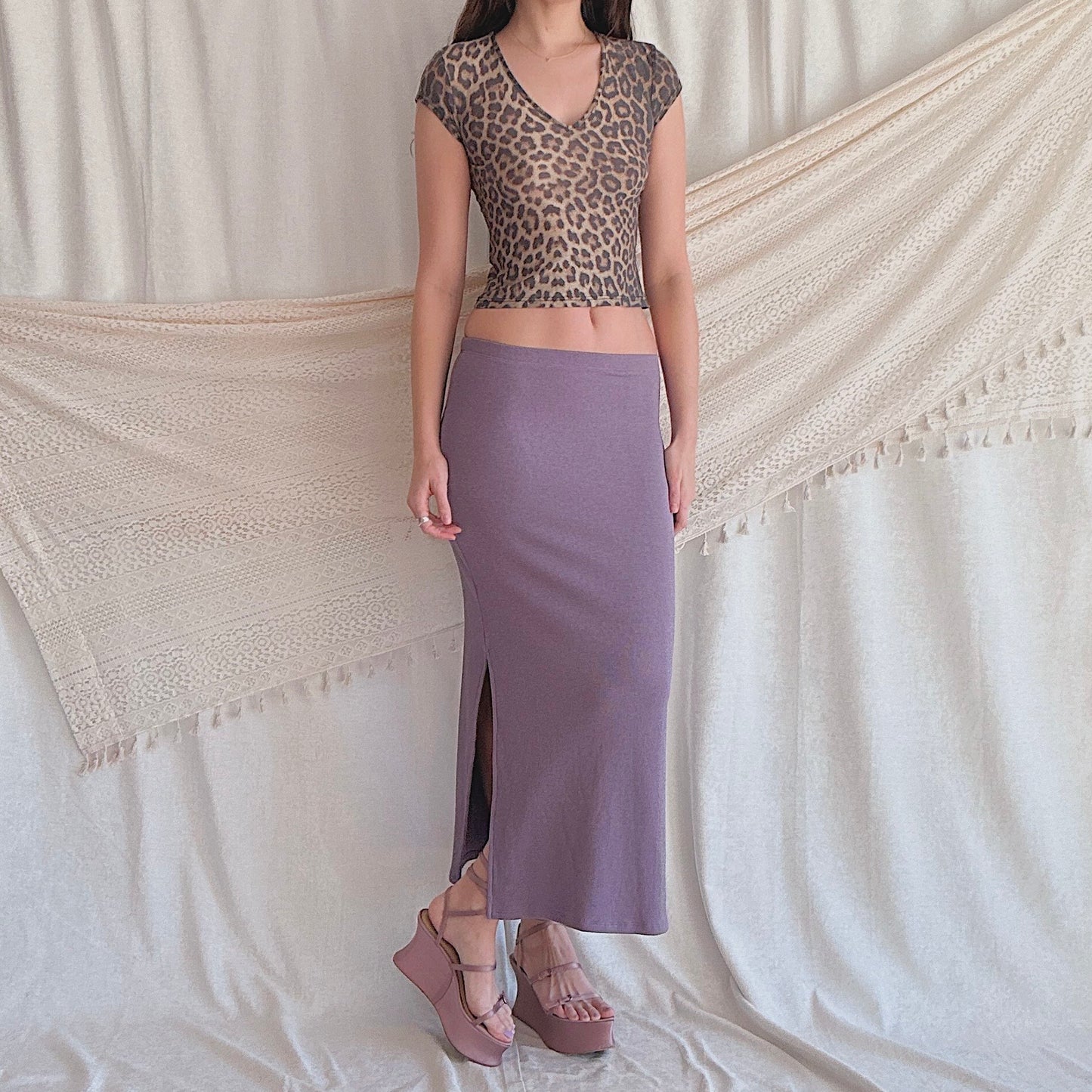90's Heather Purple Stretch Knit Maxi Skirt / SZ S