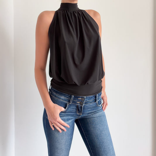 Y2K Black High Neck Fringe Bubble Top / SZ S