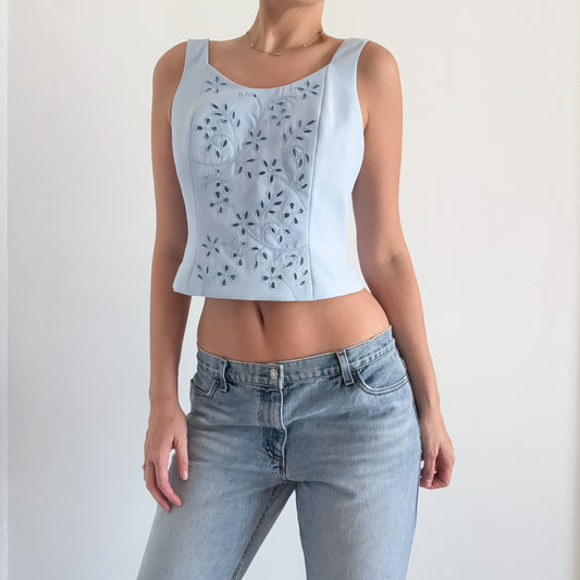 90's Baby Blue Embroidered Corset Top / SZ 6