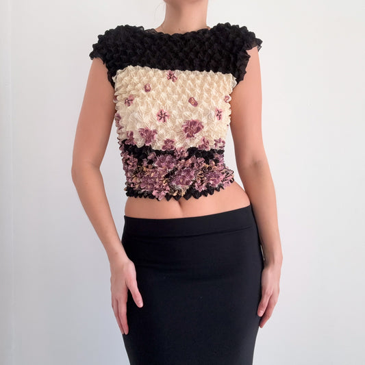 Y2K Cream & Purple Popcorn Pleat Top / One Size