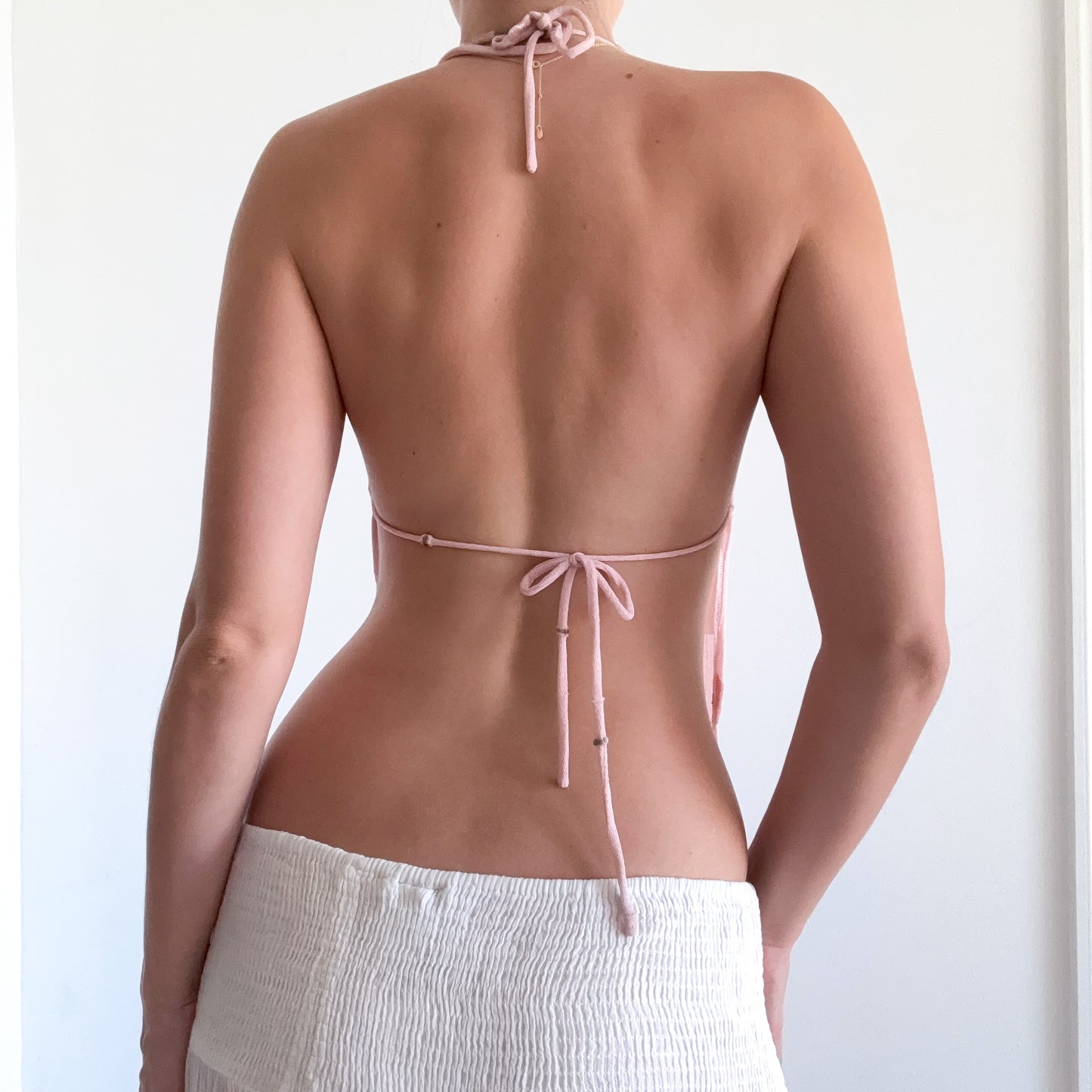 Y2K Baby Pink Mesh Backless Halter Top / SZ XS-M
