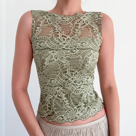 90's Green Lace High Neck Top / SZ S